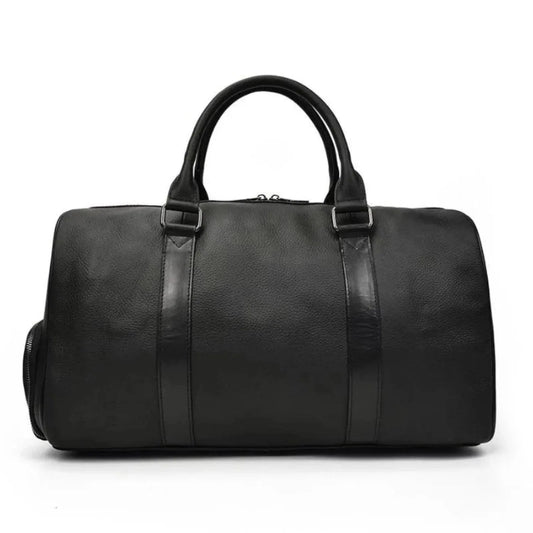 Black leather weekender duffle bag with top handles and center panel seams.