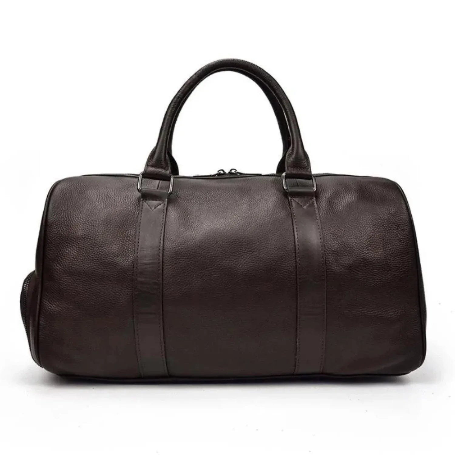 Brown leather weekender duffle bag with top handles and center panel seams.