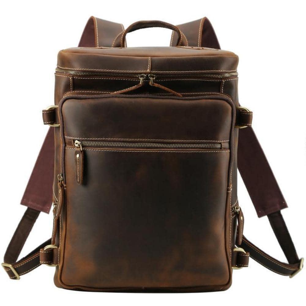 Vintage cow leather backpack, front zip pocket and top handle, brown with tan stitching