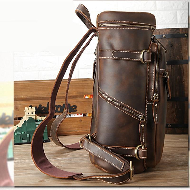 Vintage cow leather backpack with front zipper pocket and adjustable shoulder strap