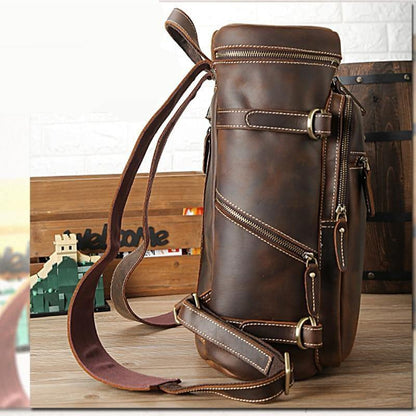 Vintage cow leather backpack with front zipper pocket and adjustable shoulder strap
