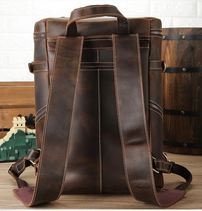 Vintage cow leather backpack with back view straps and top carry handle