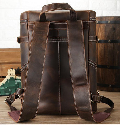 Vintage cow leather backpack with back view straps and top carry handle