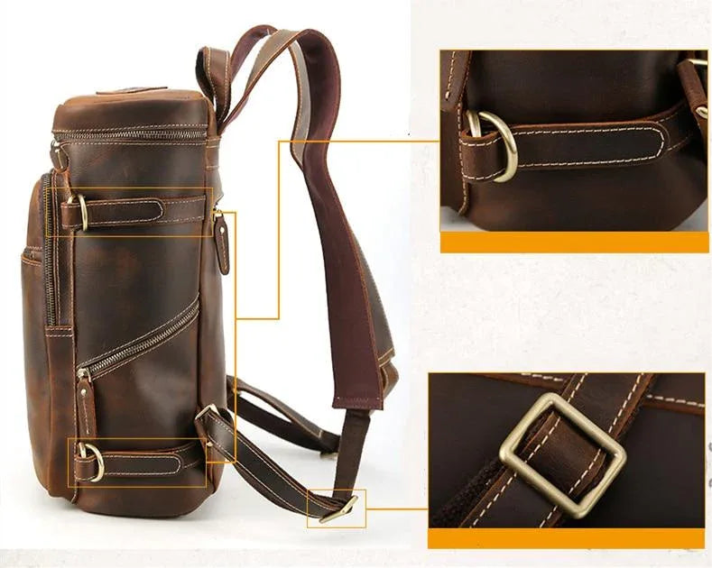 Vintage cow leather backpack with side details, buckles, and front strap hardware