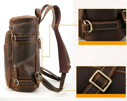 Vintage cow leather backpack with side details, buckles, and front strap hardware