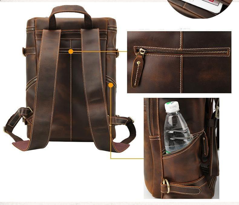 Vintage cow leather backpack, back view with wide straps and stitched front panel