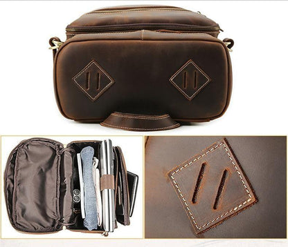 Vintage cow leather backpack, front with diamond buckle accents and top zipper closure