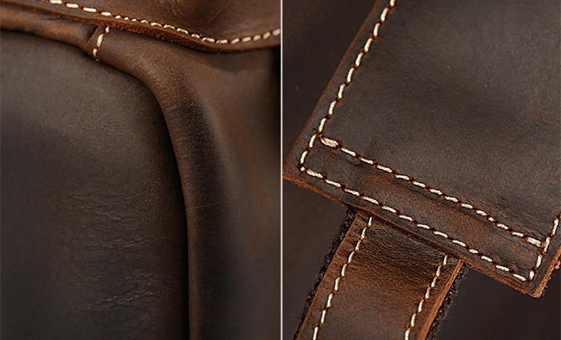 Cow leather backpack corner detail with stitched seam and curved edge panel, brown