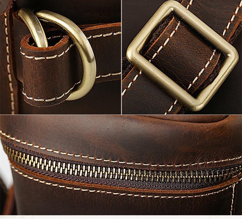 Cow leather backpack buckle detail with metal D-rings and reinforced stitched strap loops