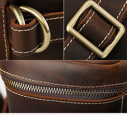 Cow leather backpack buckle detail with metal D-rings and reinforced stitched strap loops