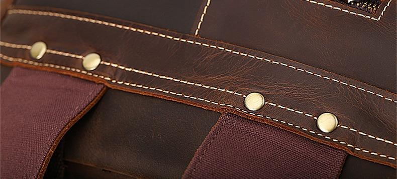 Cow leather backpack top pocket edge with zipper, riveted tabs, and contrast stitching