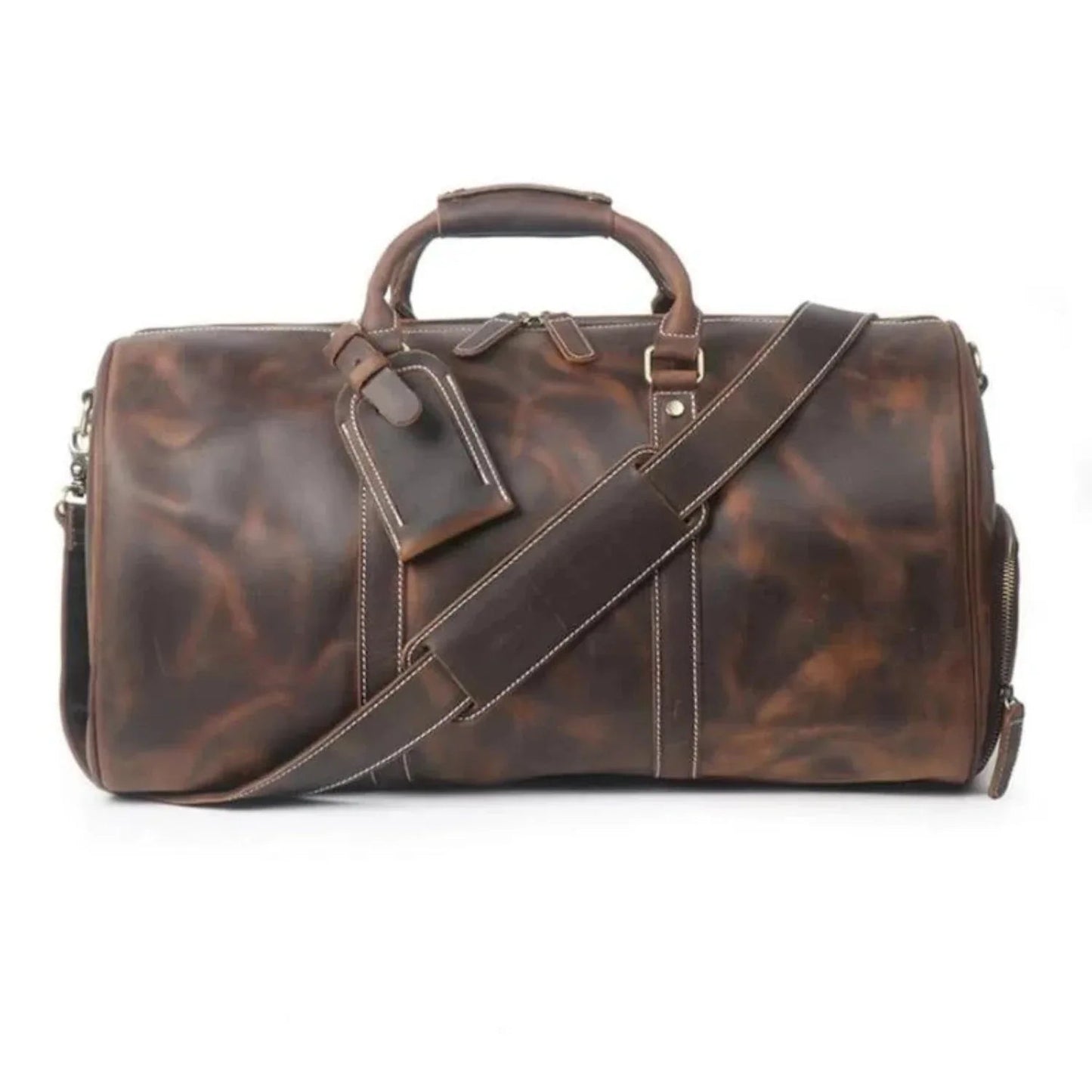 Dark brown leather large duffle bag with crossbody strap, top handles, and front buckle detail.