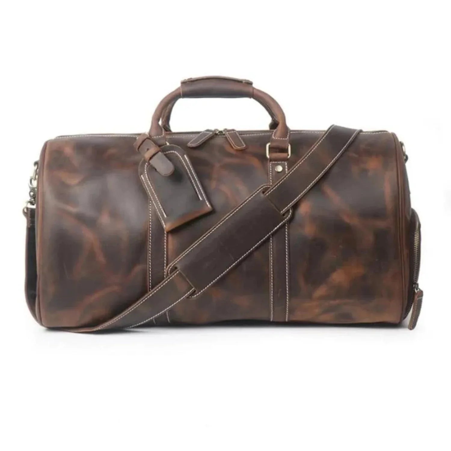 Dark brown leather large duffle bag with crossbody strap, top handles, and front buckle detail.