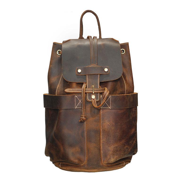 Vintage leather rucksack backpack with front flap and drawstring cord closure