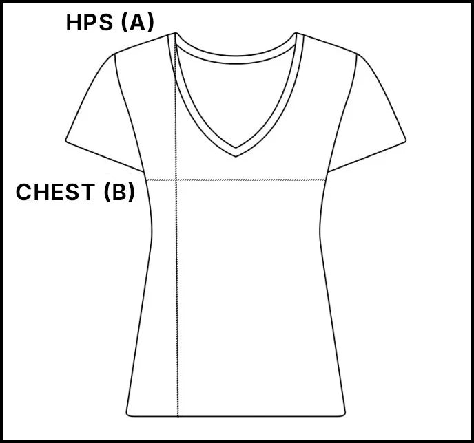Line drawing of a t-shirt with labeled chest and hip measurements.