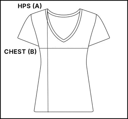 Line drawing of a t-shirt with labeled chest and hip measurements.