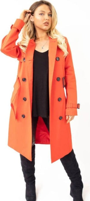 Women's Long Double-Breasted Trench Coat orange