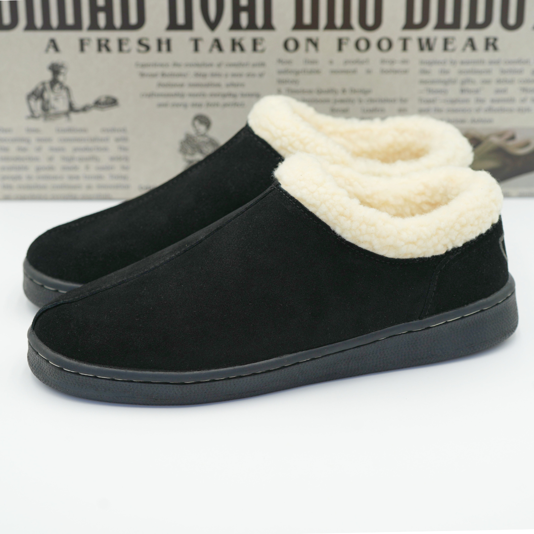 Black slippers with white fur lining on a white background