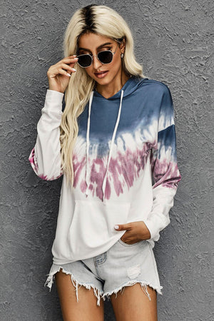 Picture of a Radiant Sunset Tie-Dye Hoodie front view in pink and blue