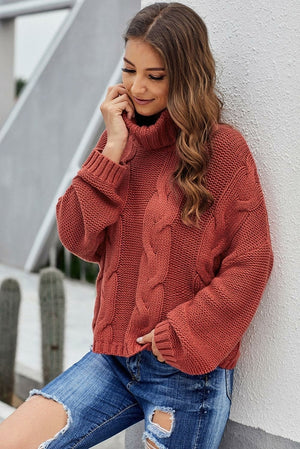 Picture of a Women's Cuddle Approved Cable Knit Handmade Turtleneck Sweater red front