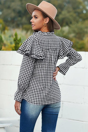 Plaid Black Ruffle Shirt with Buttons in black side view