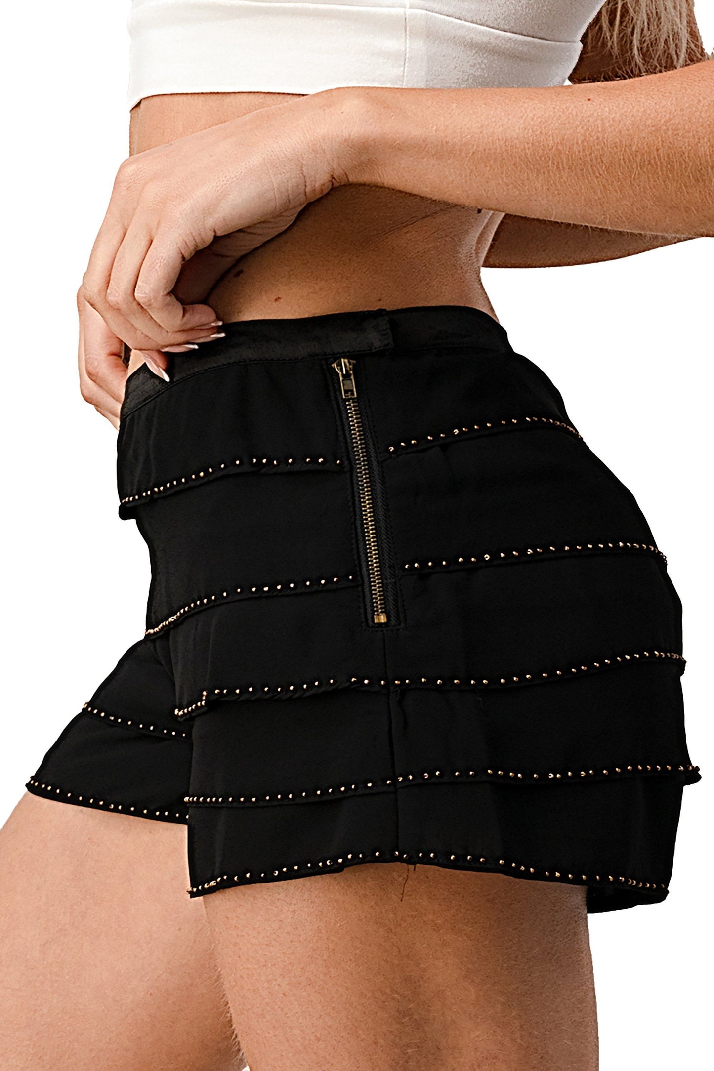 Picture of a Plain Women's Beaded Scallop Layered Hem Shorts black close up side view