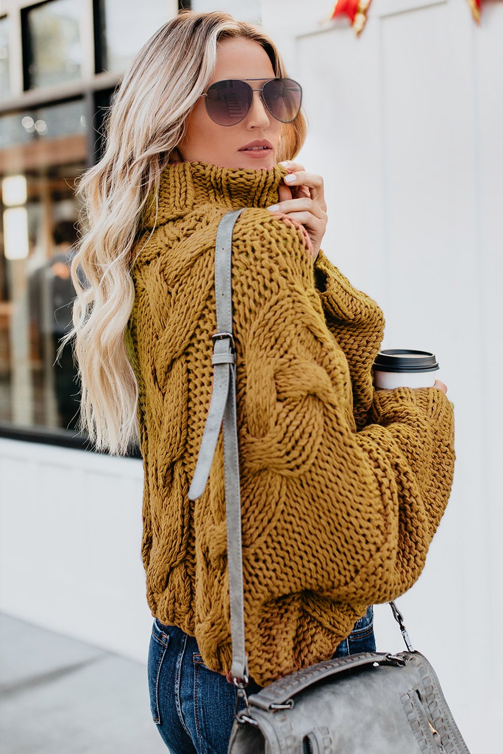 Picture of a Women's Cuddle Approved Cable Knit Handmade Turtleneck Sweater mustard side