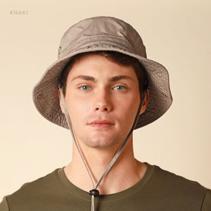 Model wearing the khaki Cotton String Bucket Hat