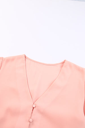 V-Neck Tie and Hem Flutter Sleeve Summer Women's Blouse pink close up