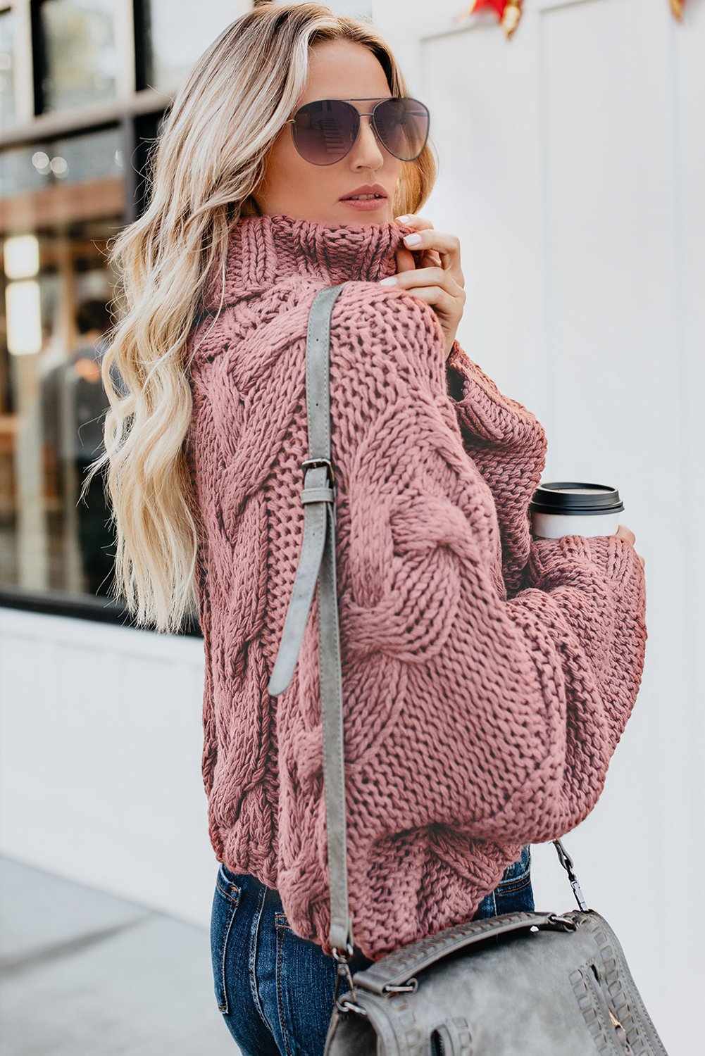 Picture of a Women's Cuddle Approved Cable Knit Handmade Turtleneck Sweater pink side