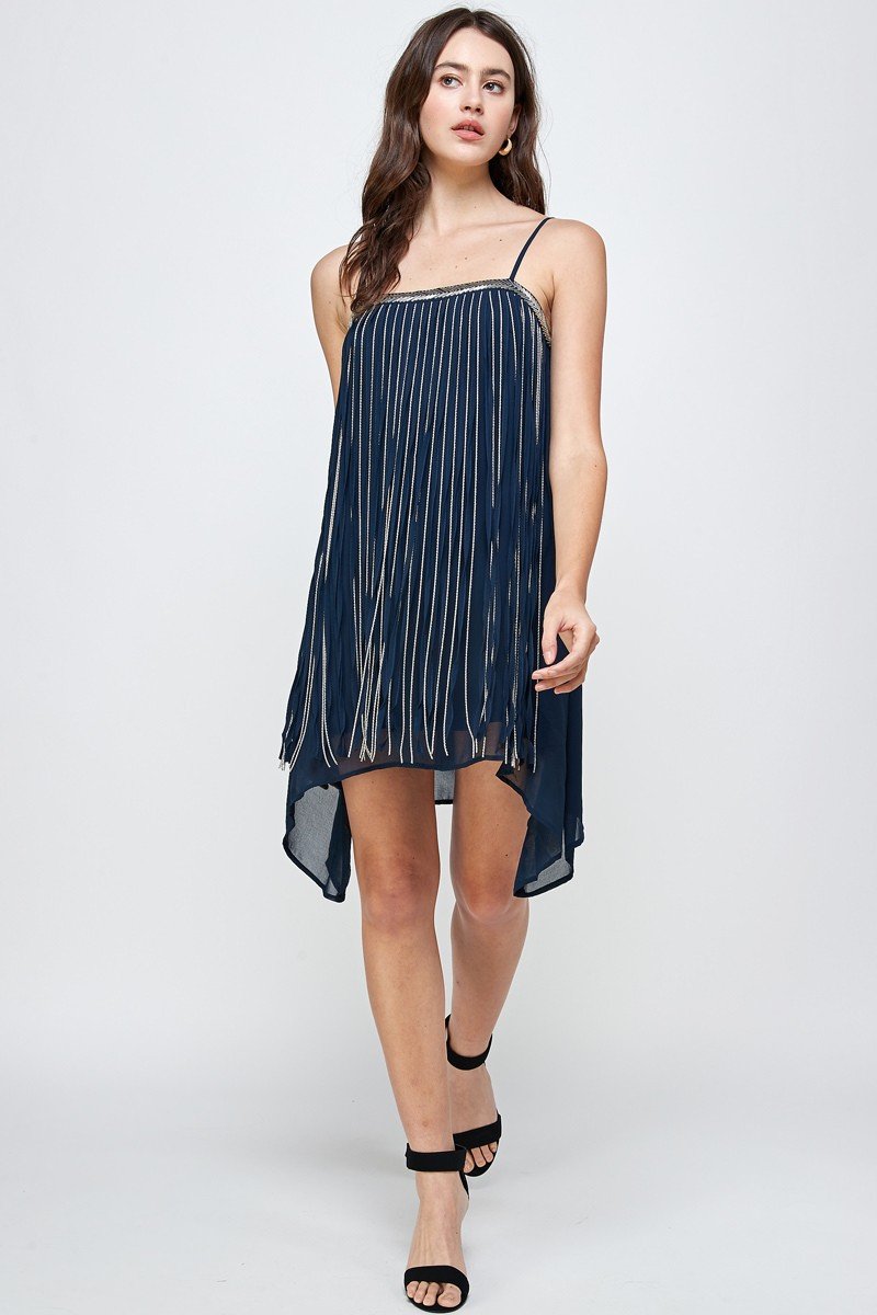 Vintage Metal Fringed Mini Dress in Navy front view