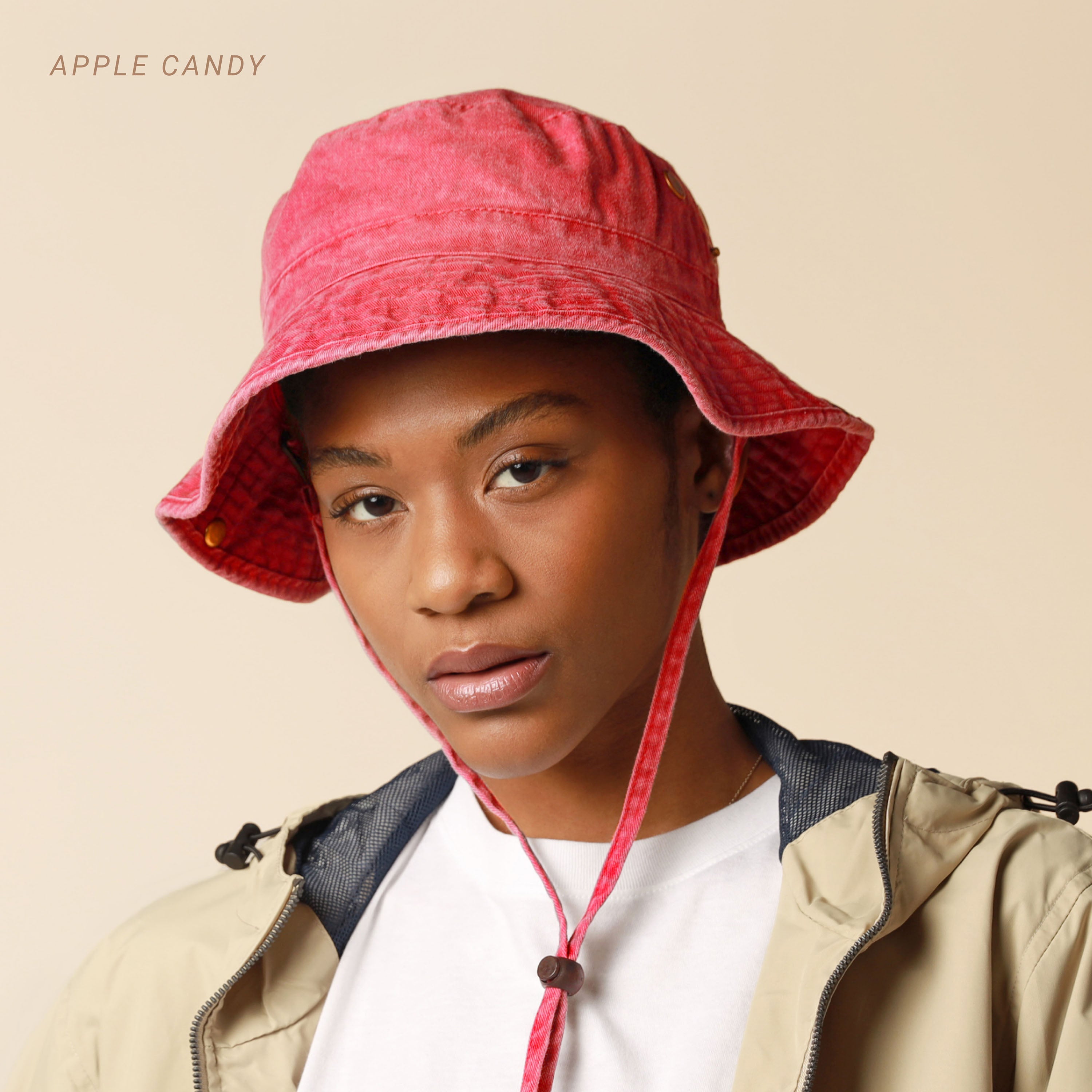Model wearing the apple candy Cotton String Bucket Hat