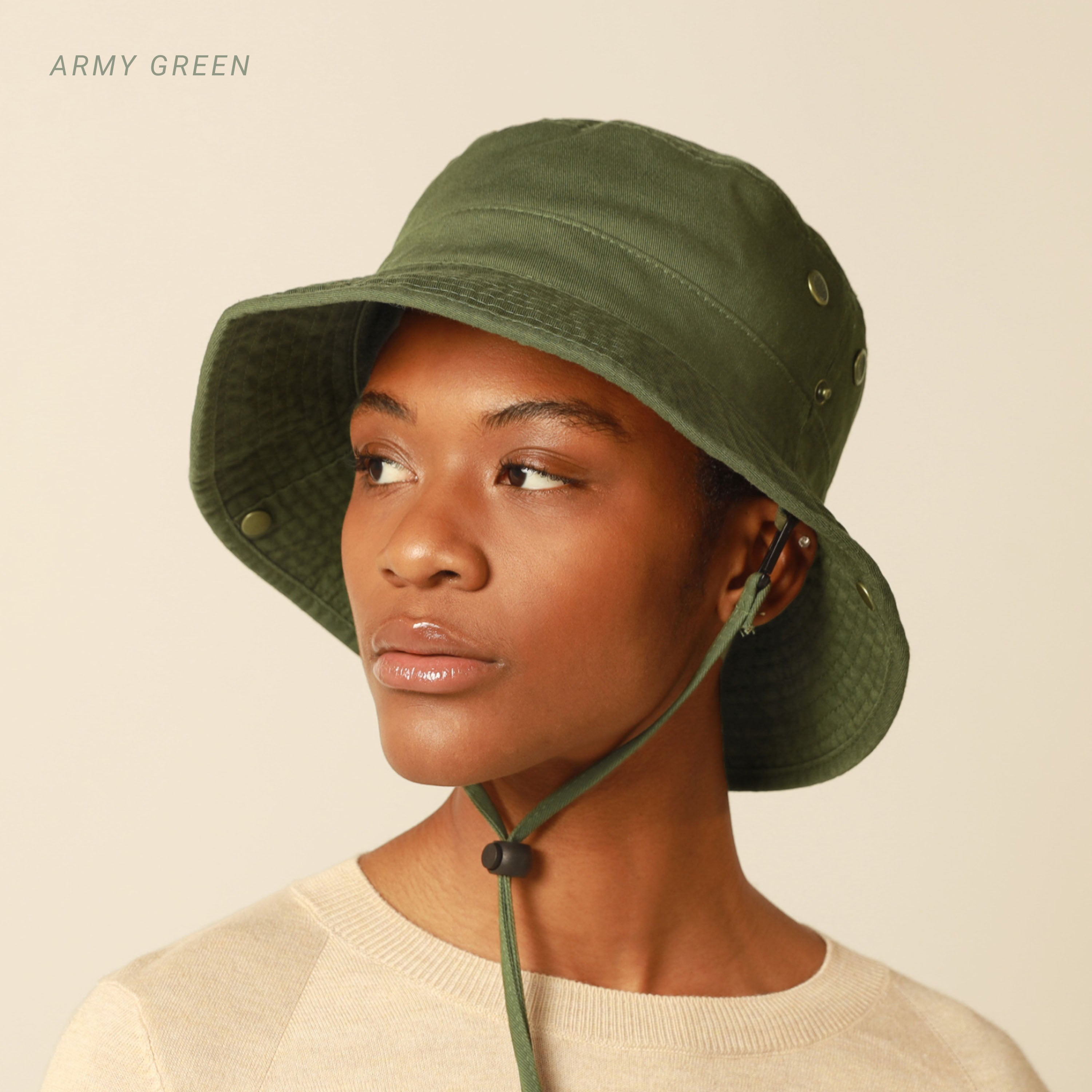 Model wearing the green Cotton String Bucket Hat