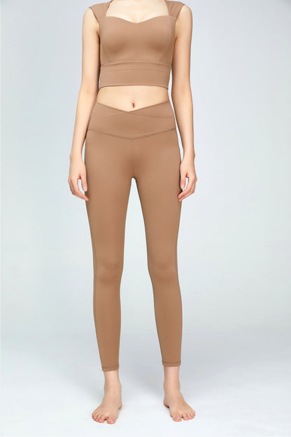 High Waisted Sports V Leggings light brown front view