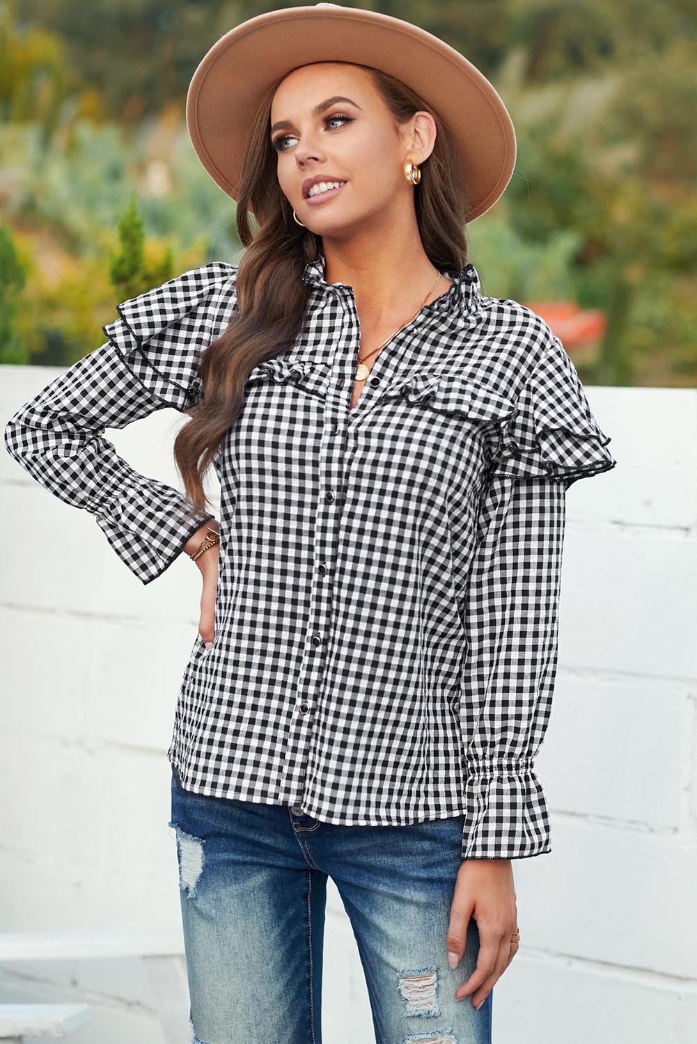 Plaid Black Ruffle Shirt with Buttons in black front view