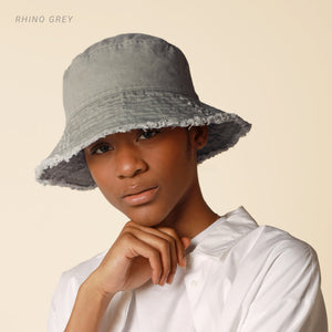 Model wearing the rhino grey Plain Frayed Bucket Hat