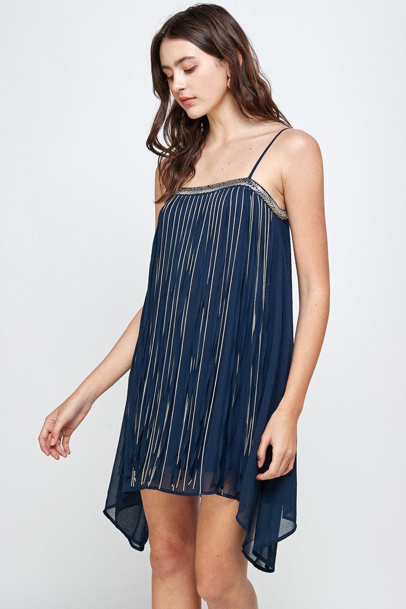 Vintage Metal Fringed Mini Dress in navy front view