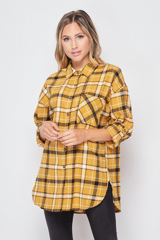 Picture of a Single Pocket Women's Button Up Flannel Shirt mustard