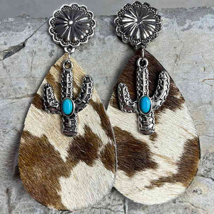 Turquoise Cactus Animal Pattern Dangle Earrings cow brown