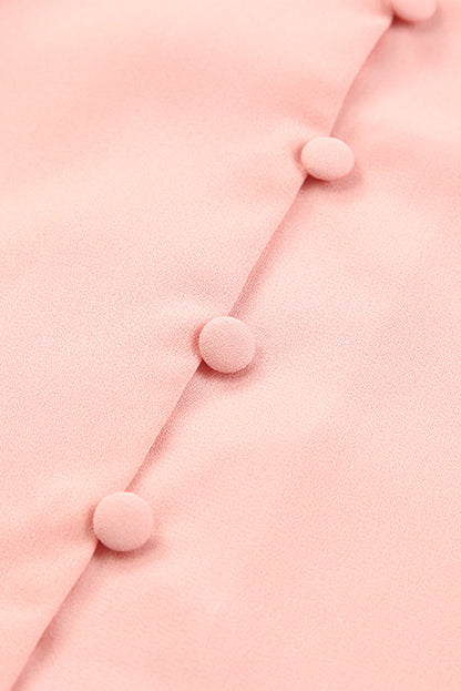 V-Neck Tie and Hem Flutter Sleeve Summer Women's Blouse pink buttons