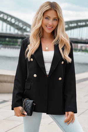 Double-Breasted Lapel Collar Women's Blazer black front