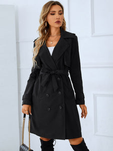 Women's Long Double Breasted Black Trench Coat front