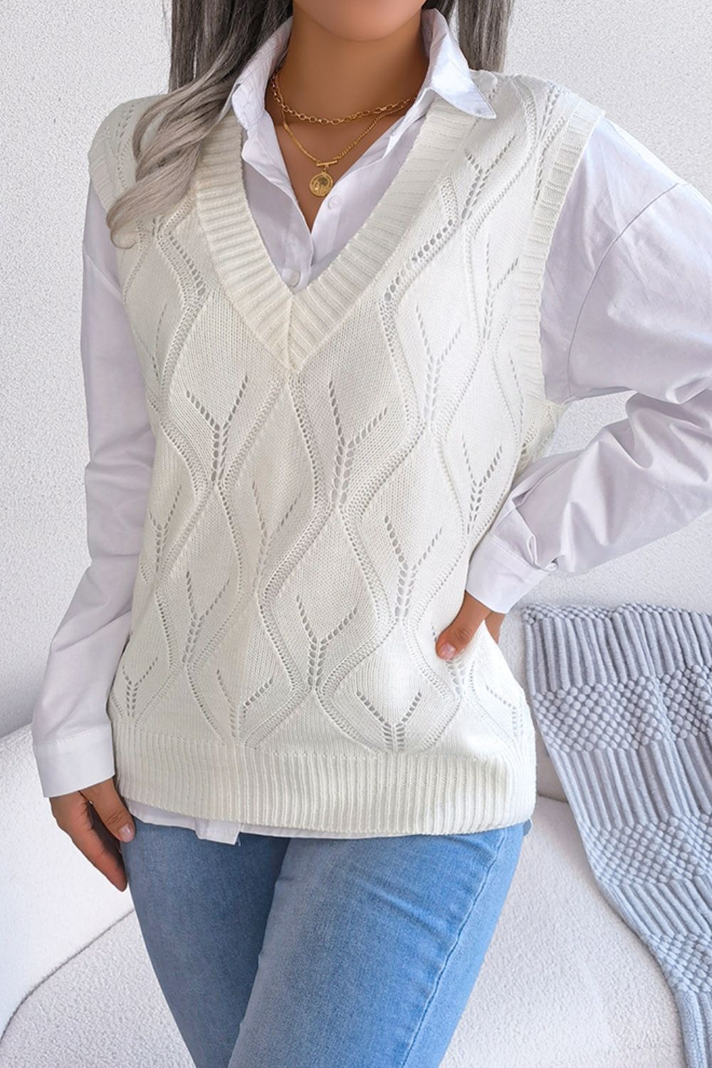 Women's Knit Sweater Vest white front