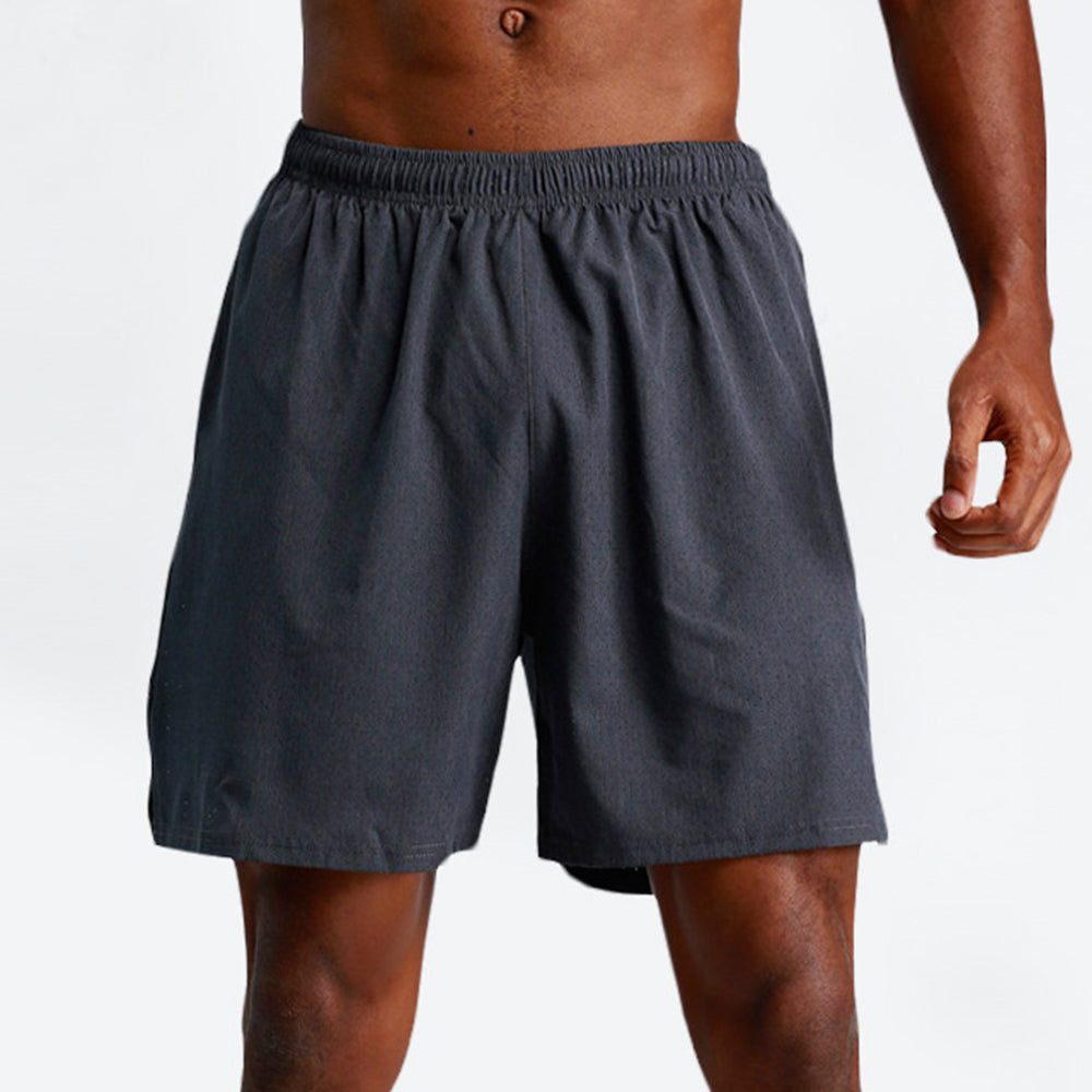 Men's Sports and Fitness Running Shorts close up front view of the dark grey
