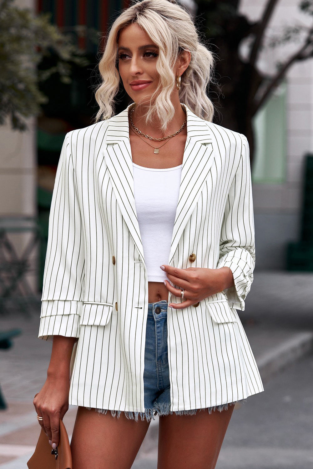 Striped Double-Breasted Women's White Blazer front open