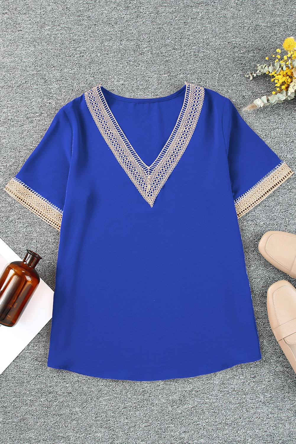 Lace V-Neck Women's Blouse blue product only