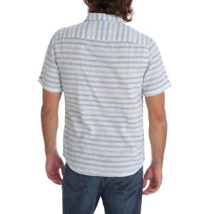 Camisa blanca de manga corta a rayas de lino para hombre 