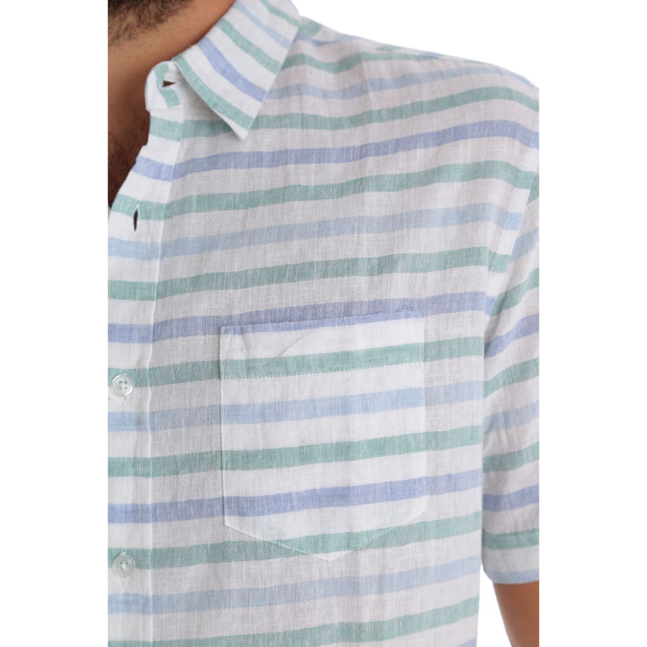 Men's Linen Striped Short Sleeve White Button Down Shirt