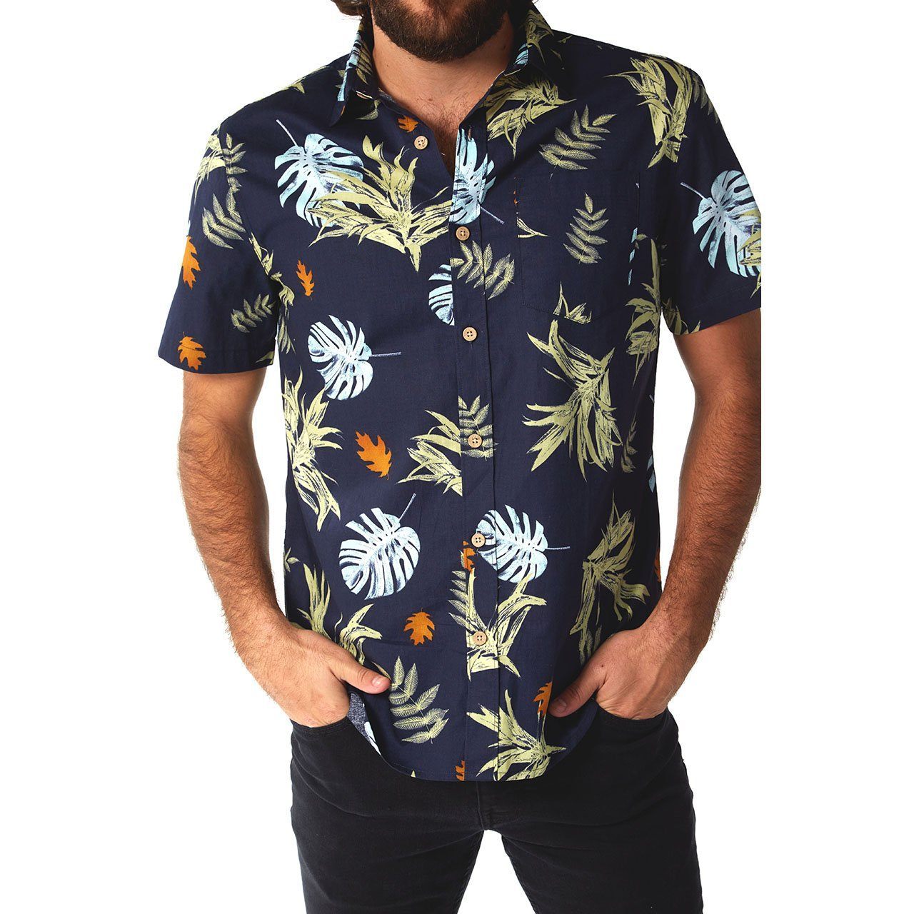 Picture of a Men's Button Up Navy Floral Short Sleeve Shirt front