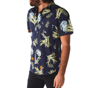 Picture of a Men's Button Up Navy Floral Short Sleeve Shirt side view